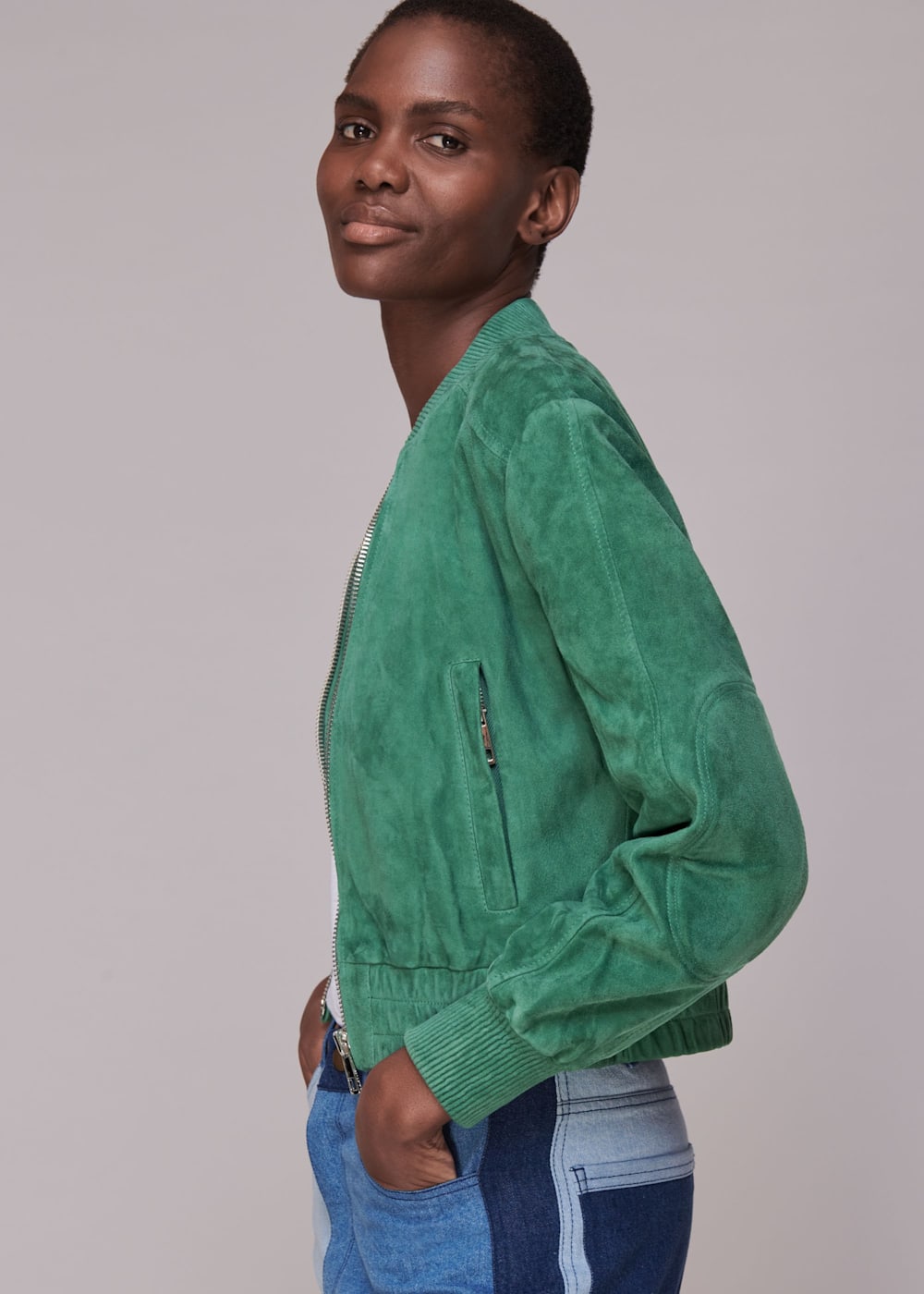 Green suede bomber jacket best sale