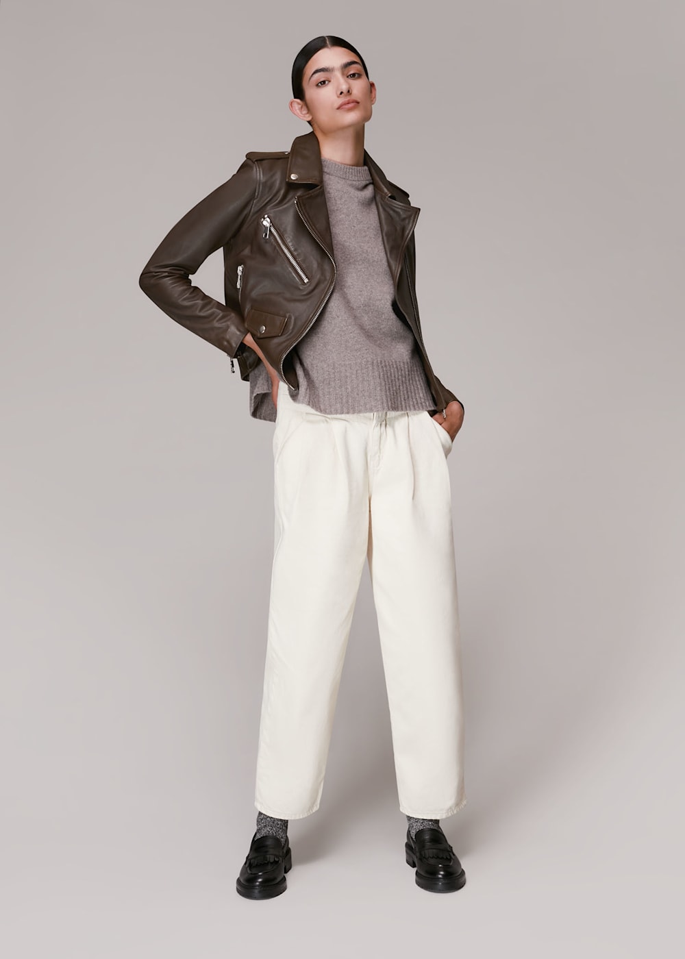 Chocolate Agnes Pocket Leather Jacket WHISTLES Whistles UK
