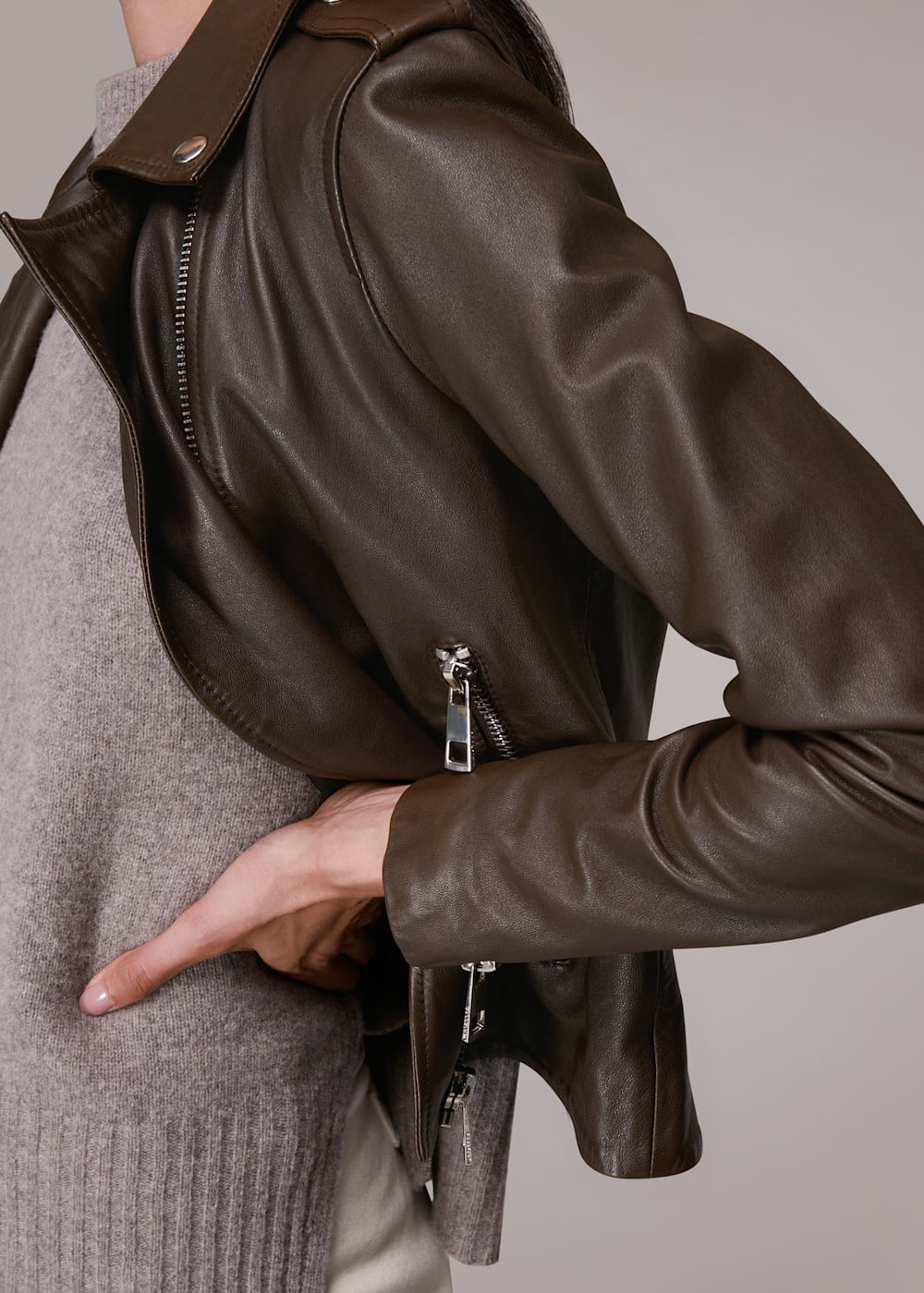Chocolate Agnes Pocket Leather Jacket WHISTLES Whistles UK