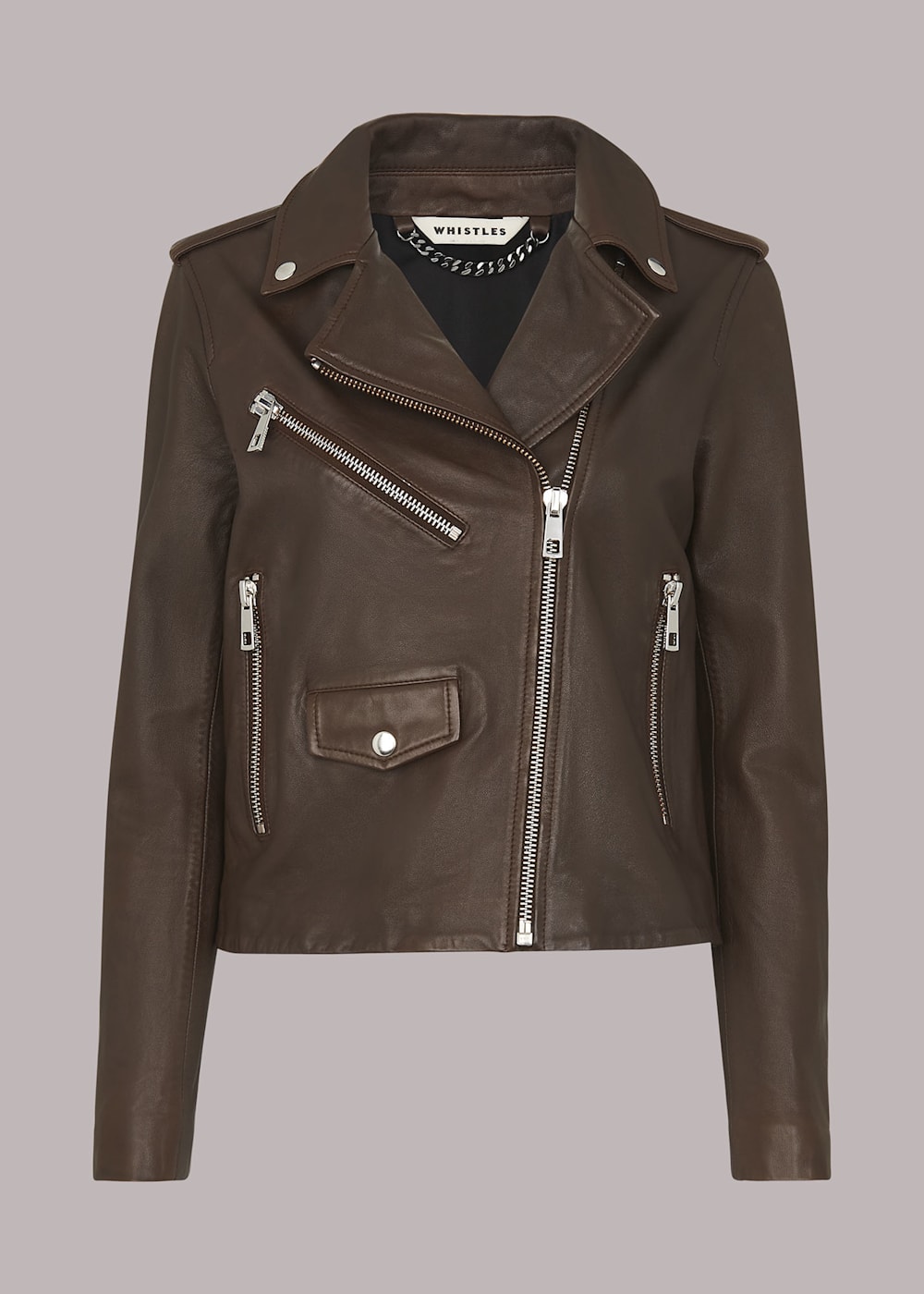 Chocolate Agnes Pocket Leather Jacket WHISTLES Whistles UK