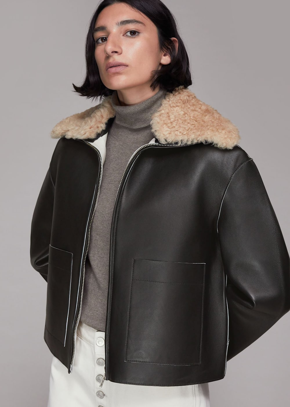 Black Bonded Shearling Collar Jacket | WHISTLES | Whistles US | Black Bonded Shearling Collar Jacket | WHISTLES | Whistles US |