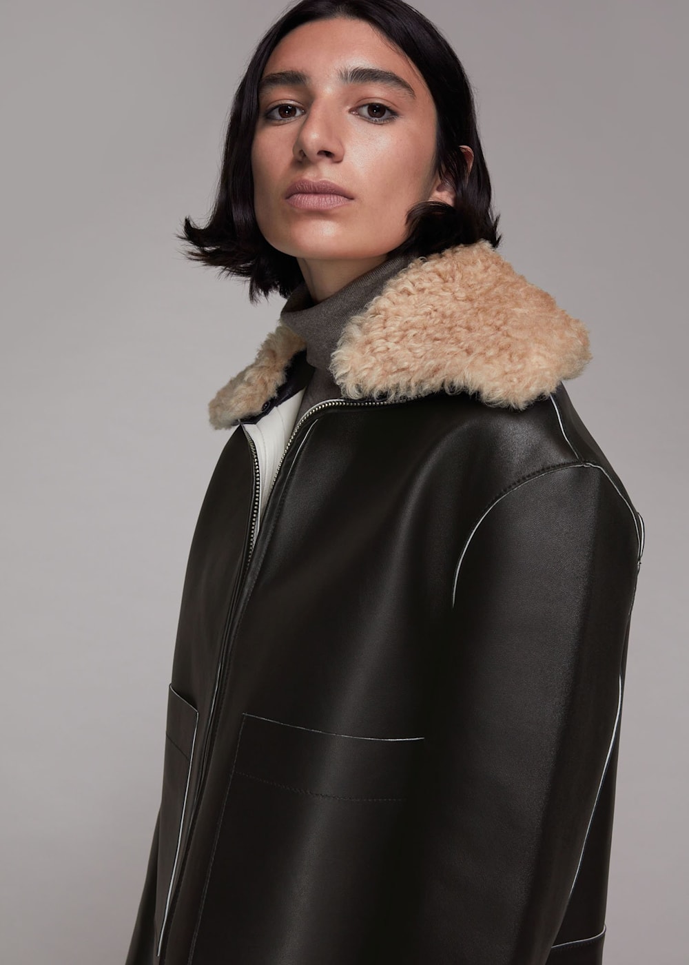Black Bonded Shearling Collar Jacket WHISTLES Whistles UK