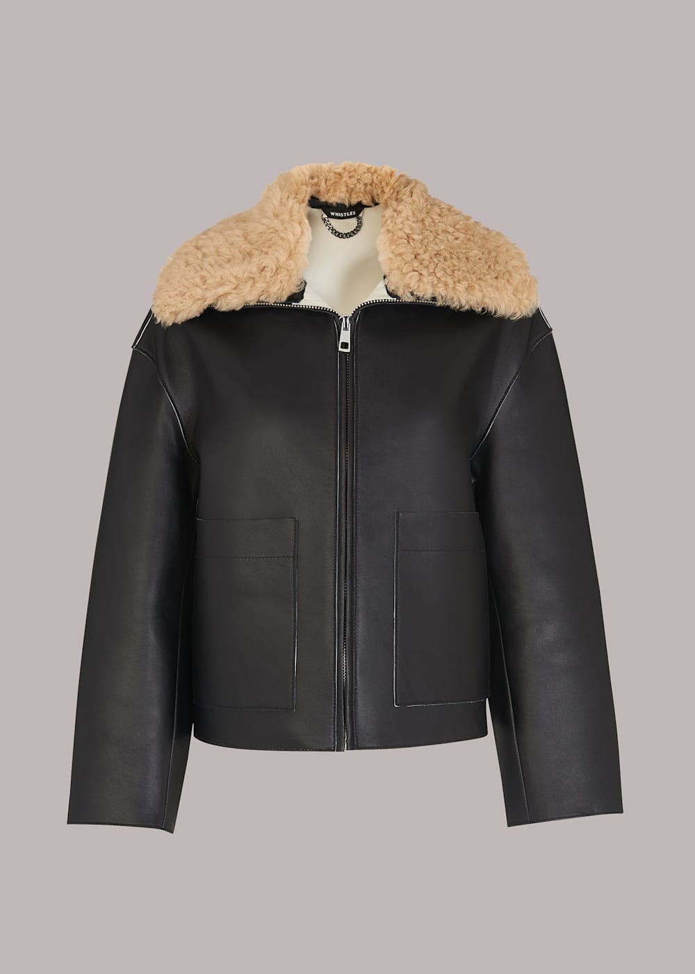 Black leather jacket shearling collar sales