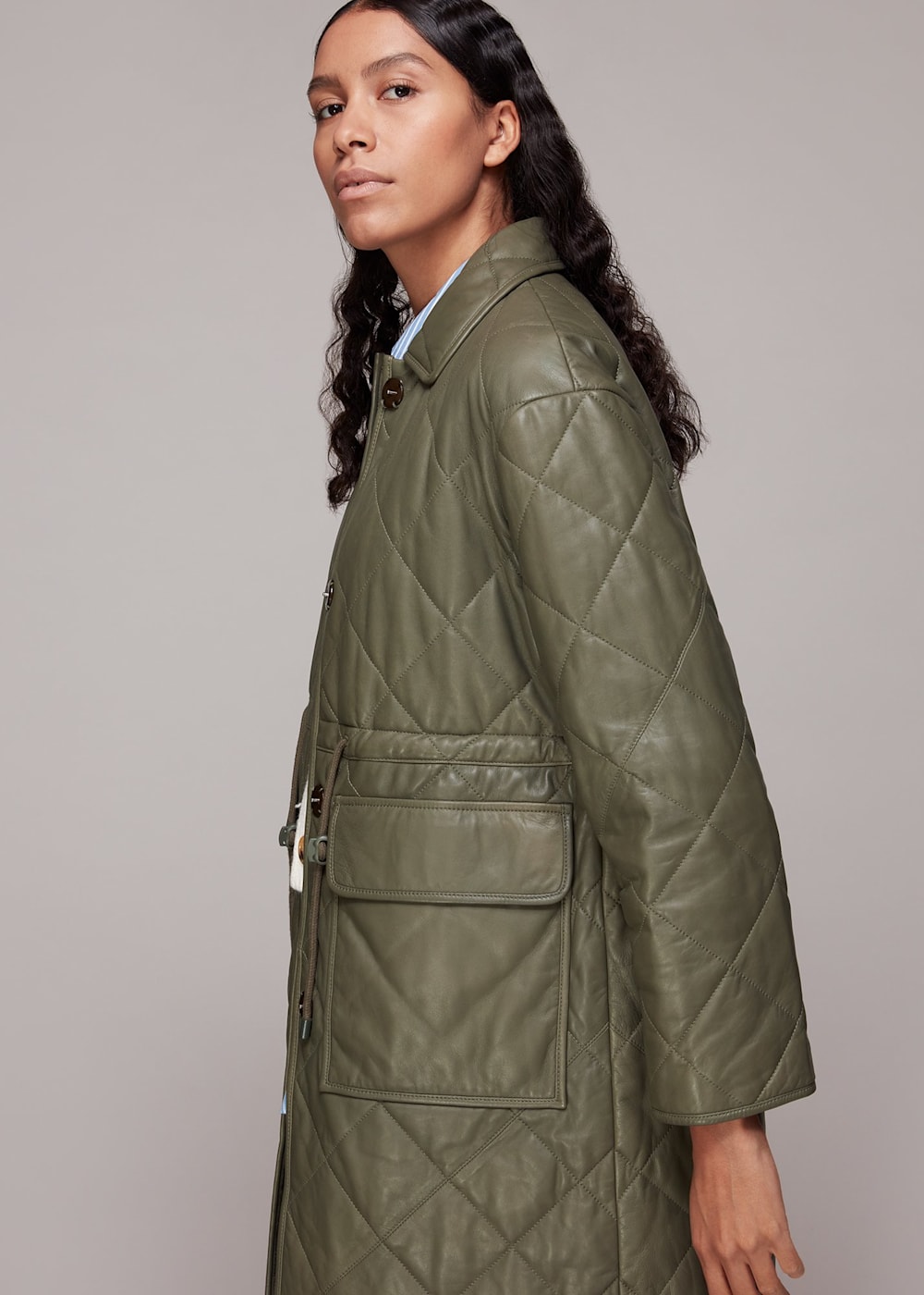 Khaki Millie Leather Quilted Coat WHISTLES Whistles UK