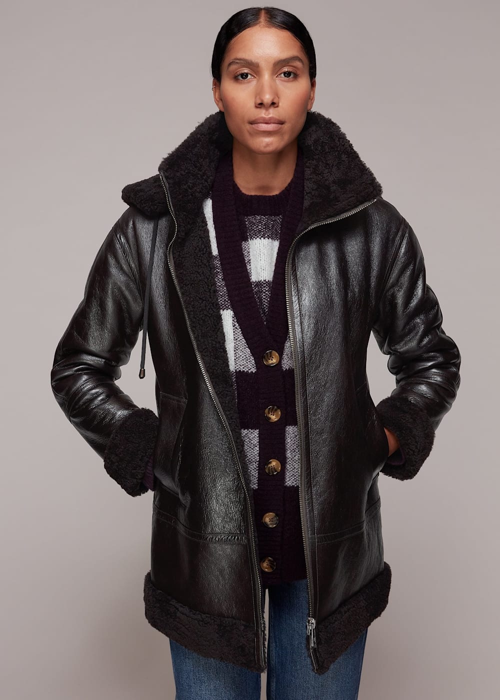 Brown Shearling Hooded Biker WHISTLES Whistles UK