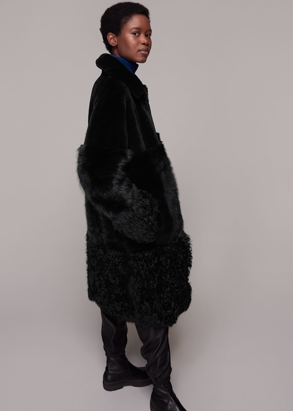 Black Cossma Shearling Longline Coat WHISTLES Whistles UK