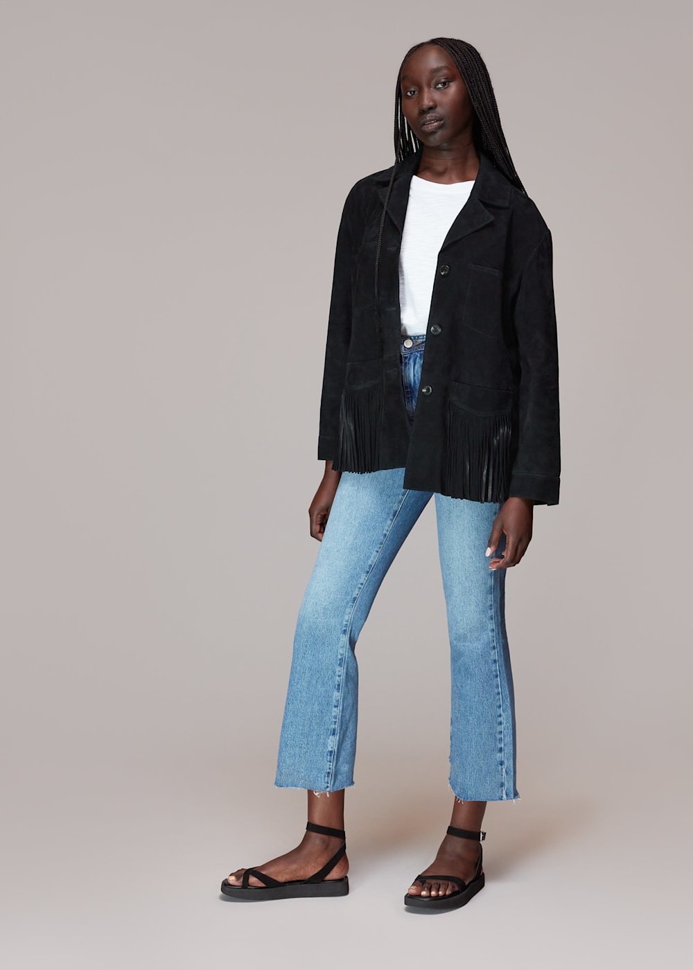 Black denim jacket with tassels sales