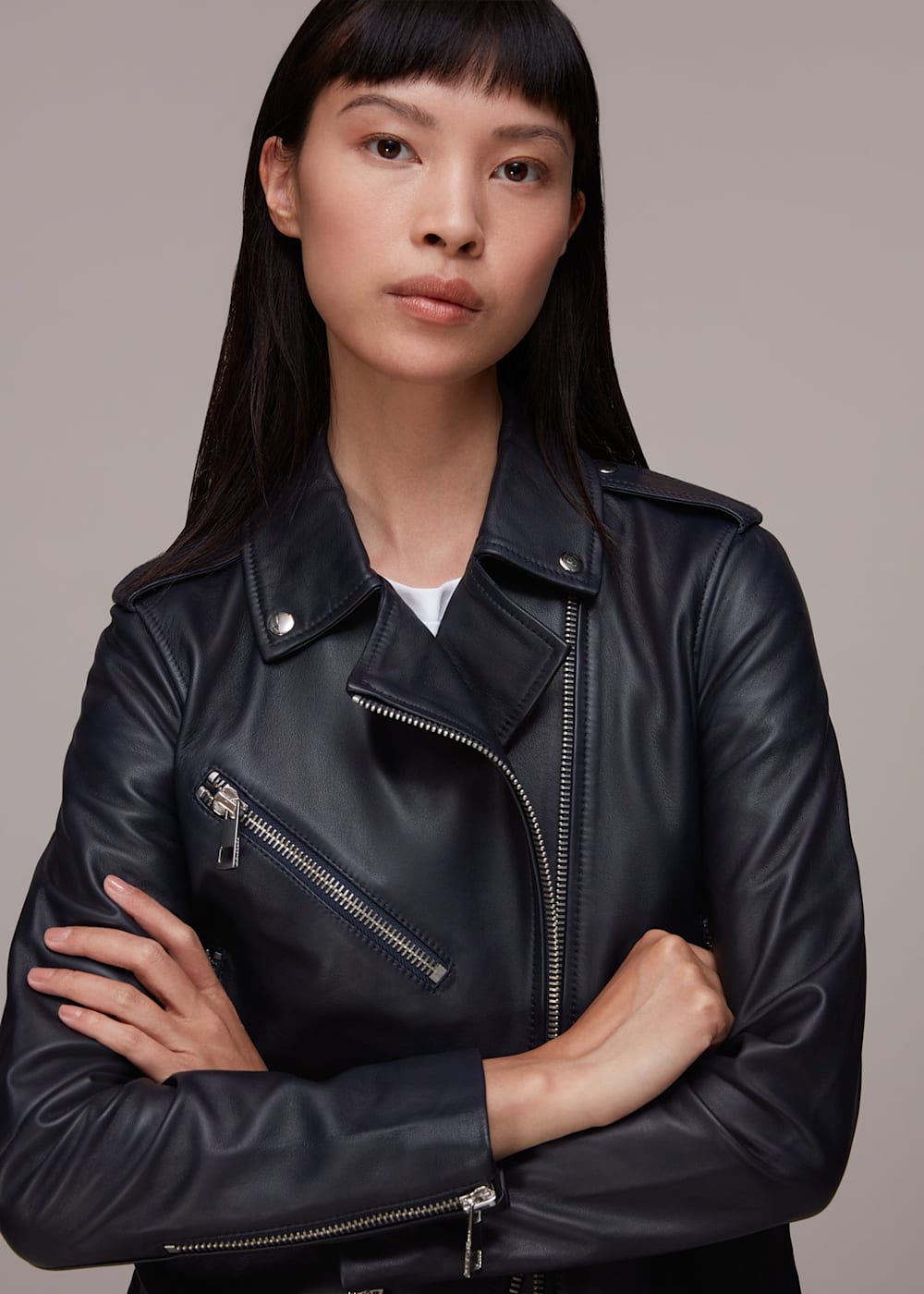 Navy Agnes Pocket Leather Jacket WHISTLES Whistles UK
