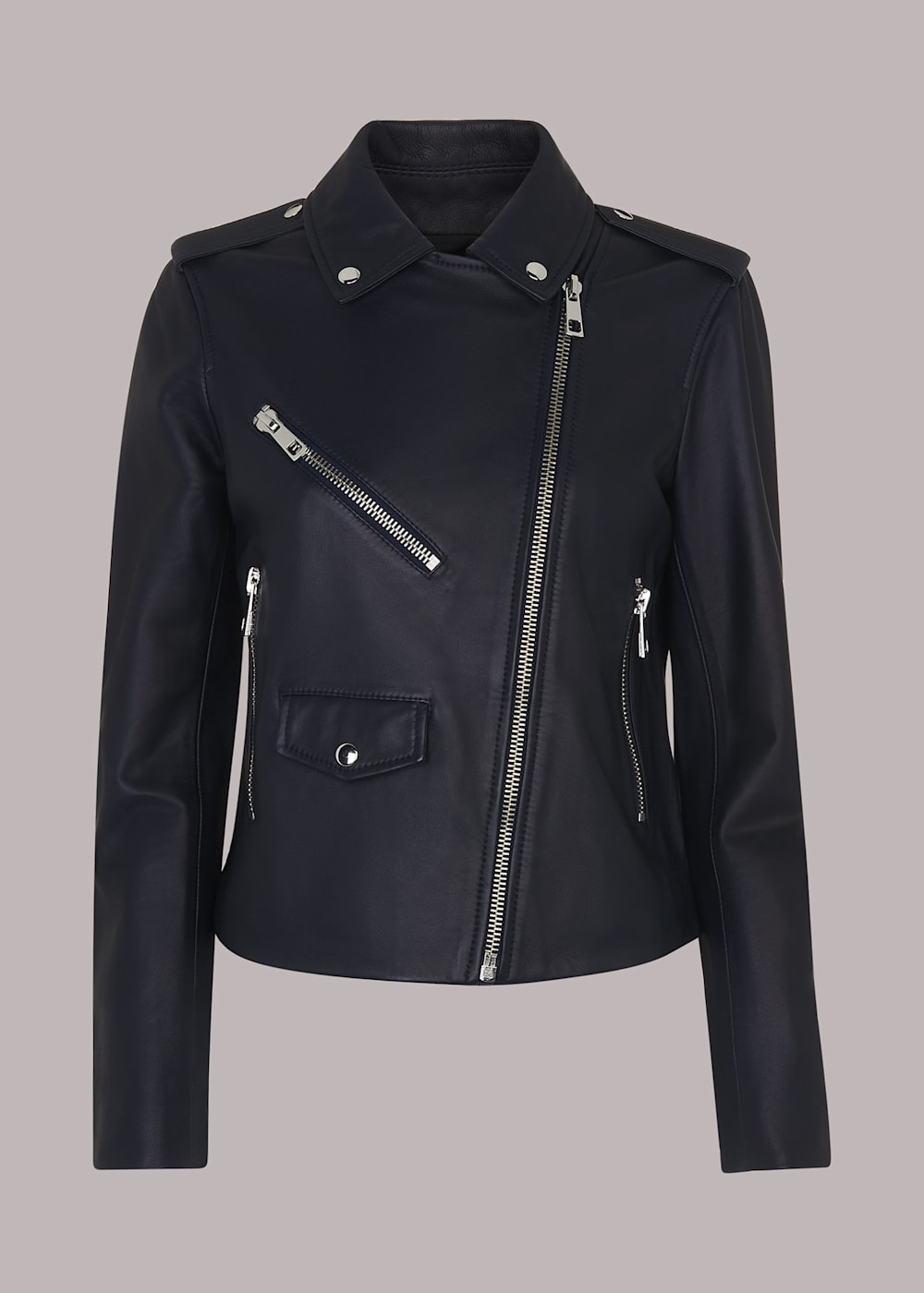 Navy Agnes Pocket Leather Jacket WHISTLES Whistles UK