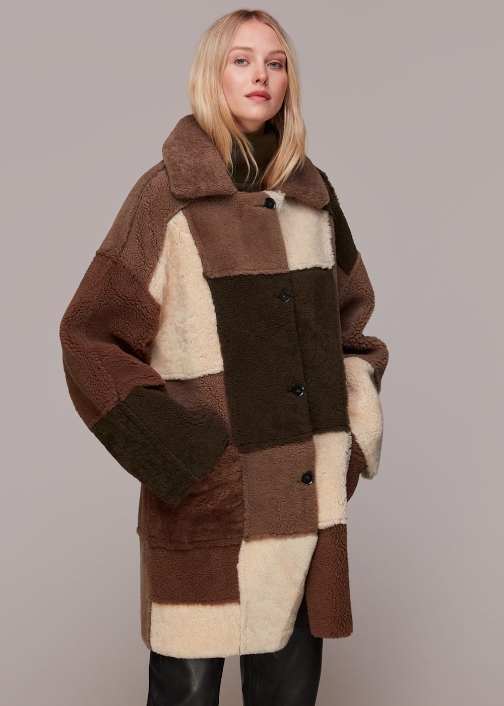 Patchwork shearling coat discount