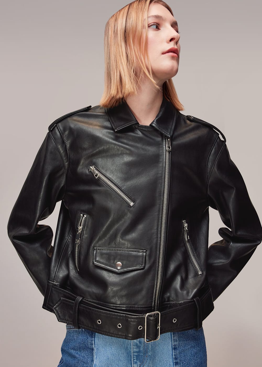 Black Sophia Oversized Leather Biker WHISTLES Whistles UK
