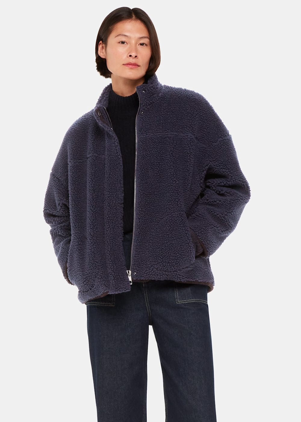 Navy Faux Teddy Bomber Jacket WHISTLES Whistles ROW