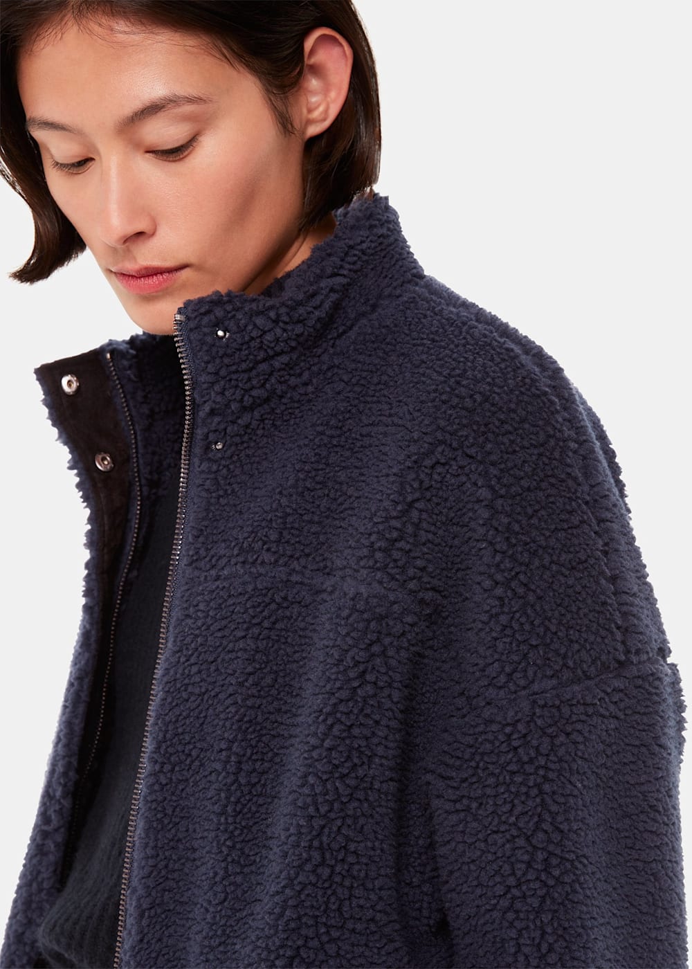 Navy Faux Teddy Bomber Jacket WHISTLES Whistles ROW