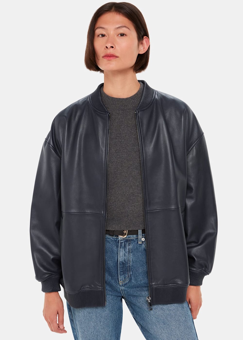 Navy leather bomber jacket hotsell