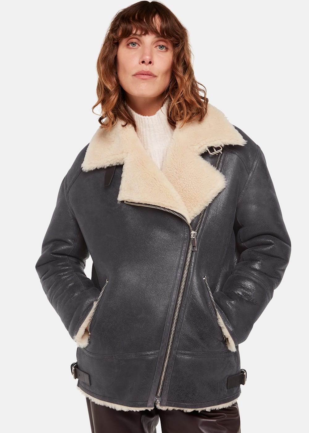Navy Annika Leather Aviator Jacket WHISTLES Whistles UK