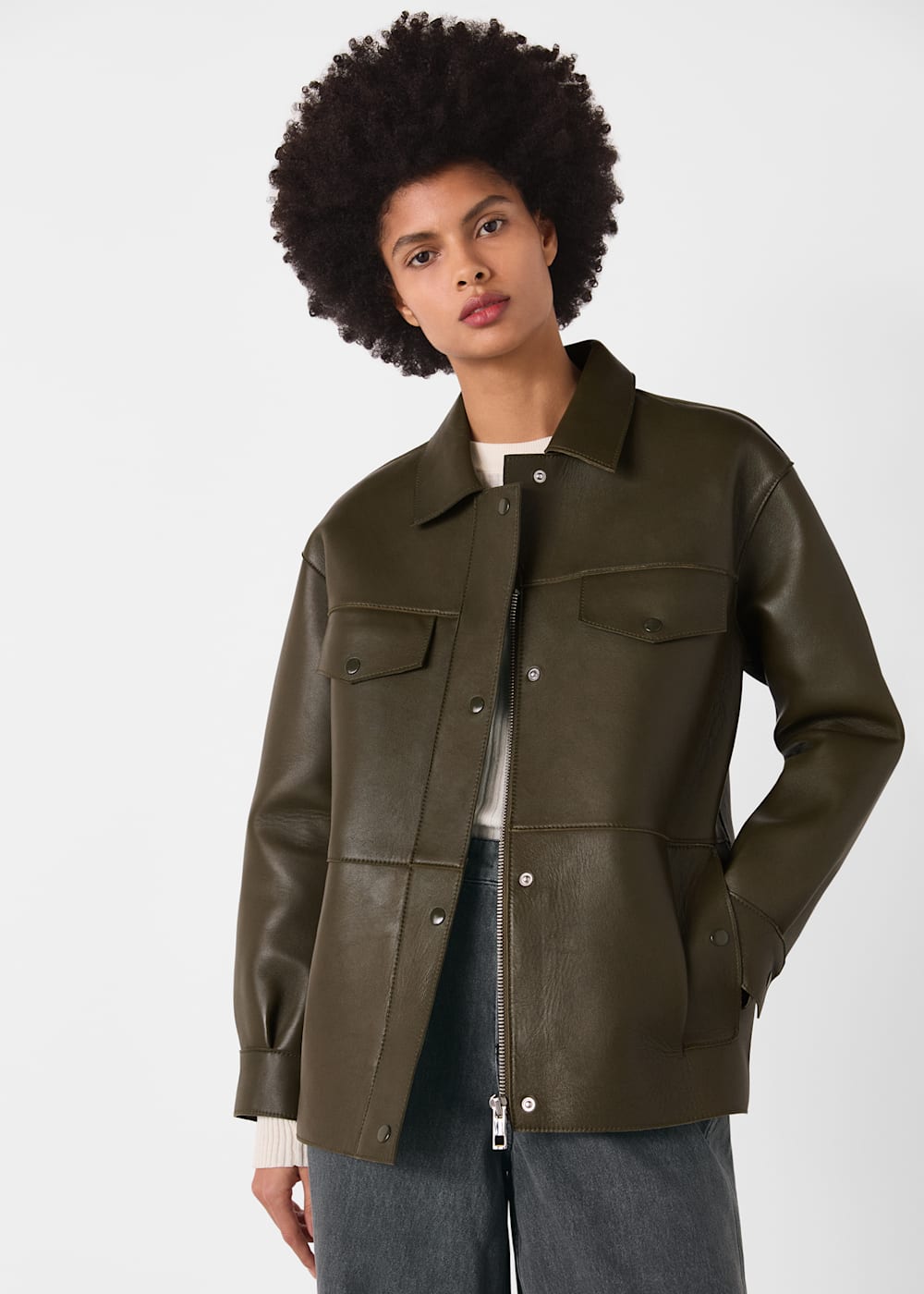 Khaki Clean Bonded Leather Jacket WHISTLES Whistles UK