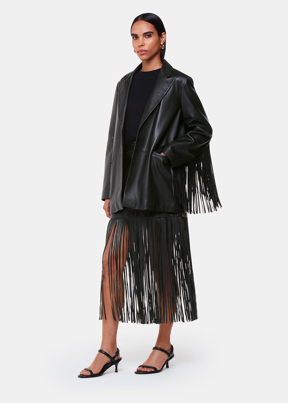 Black Gia Leather Fringed Jacket WHISTLES Whistles UK