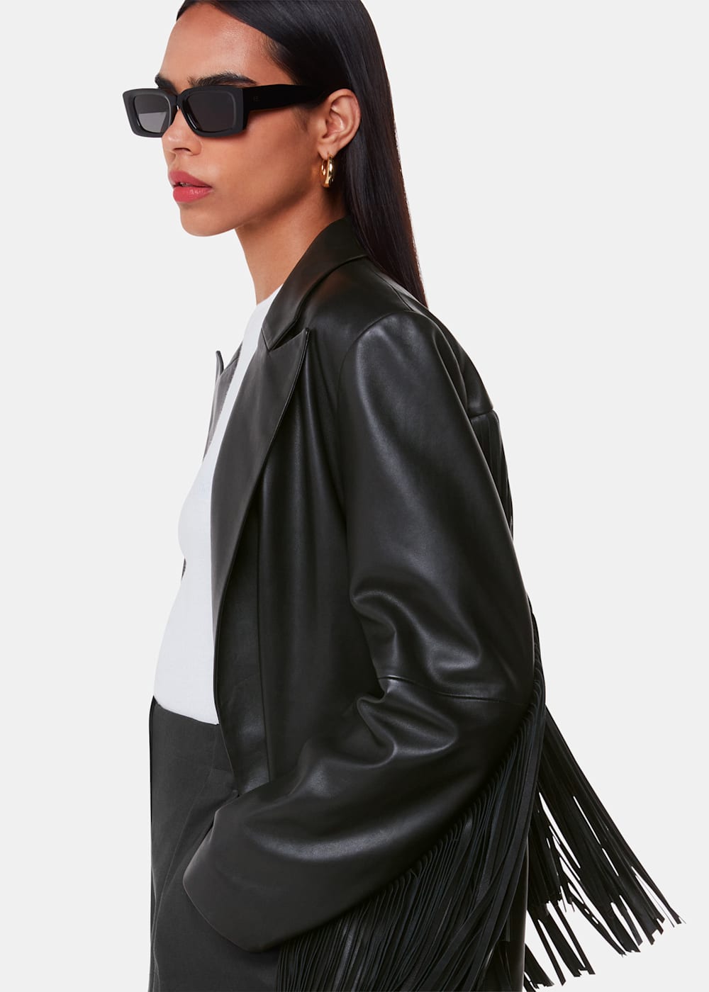Black leather tassel jacket sales