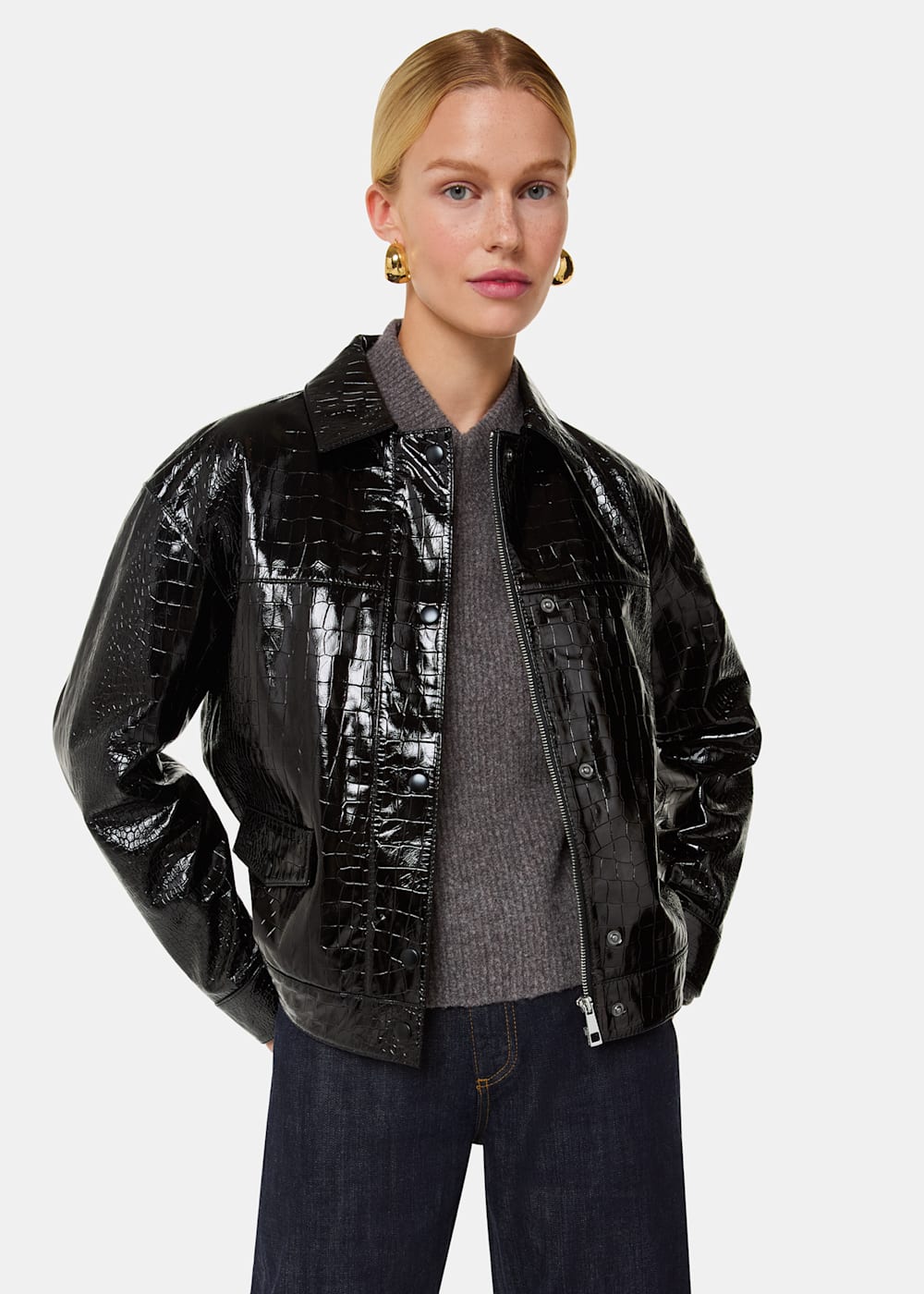 Black Casi Patent Leather Croc Biker WHISTLES Whistles UK