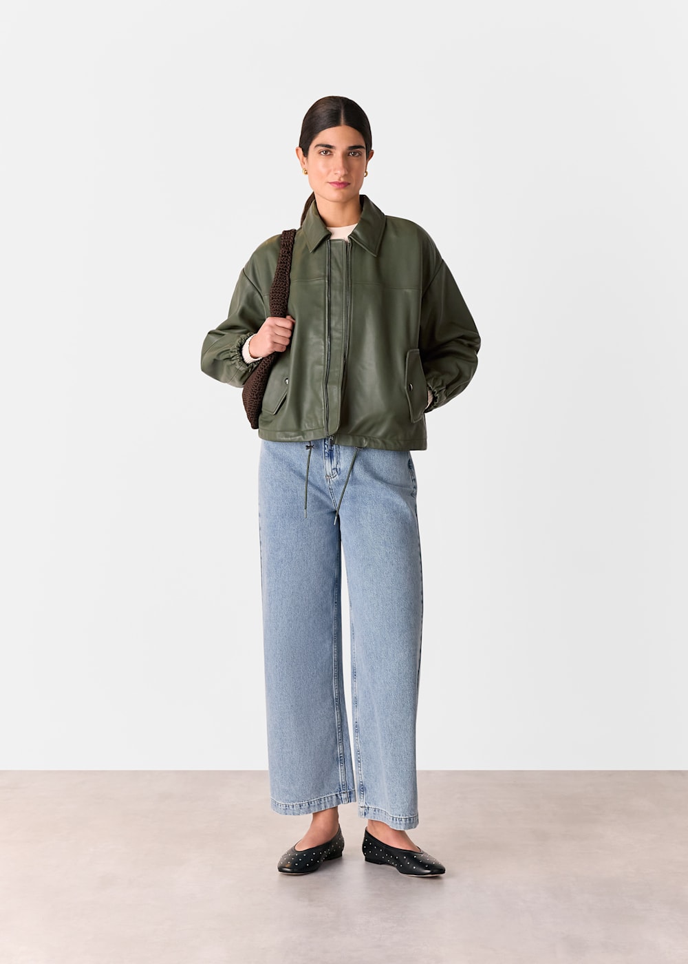 Khaki Frida Leather Bomber Jacket | WHISTLES | Whistles US |