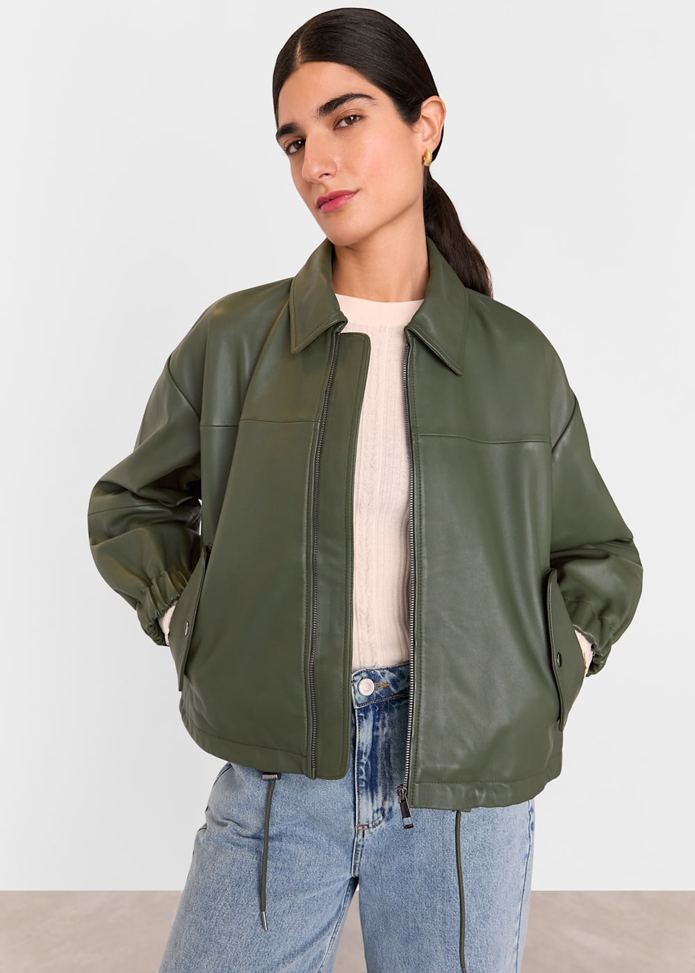 Khaki Frida Leather Bomber Jacket | WHISTLES | Whistles US |
