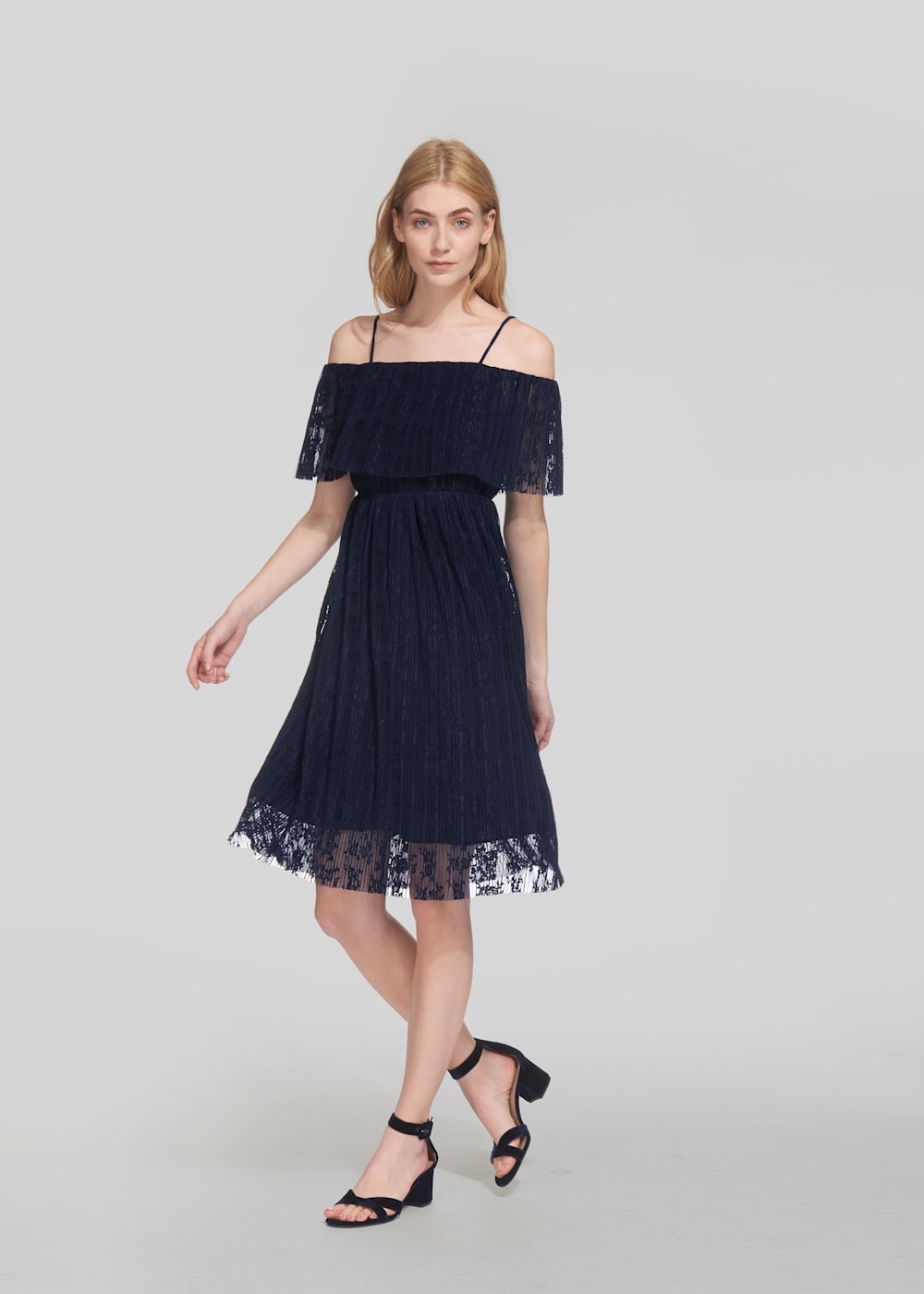 Off Shoulder Pleated Dress Navy WHISTLES Whistles UK