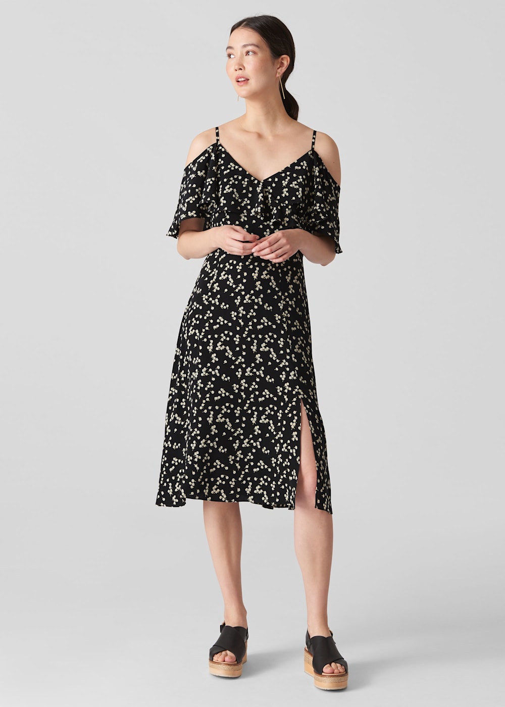 Black daisy print frill tea dress new arrivals