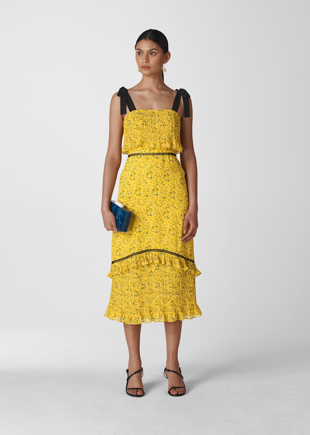 Yellow Multi Ditsy Blossom Pleated Dress WHISTLES Whistles UK