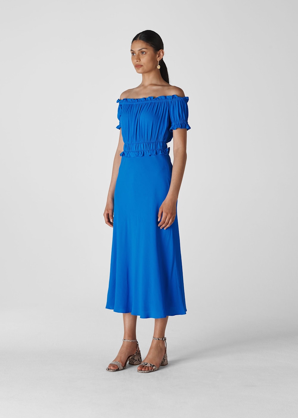 Shirred bardot midi dress best sale