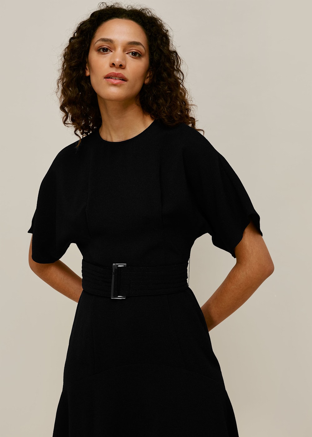 Black belted midi dress online