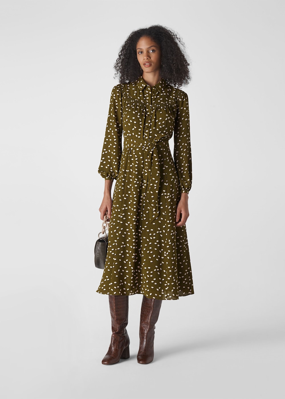 Khaki Shadow Spot Print Shirt Dress WHISTLES Whistles UK