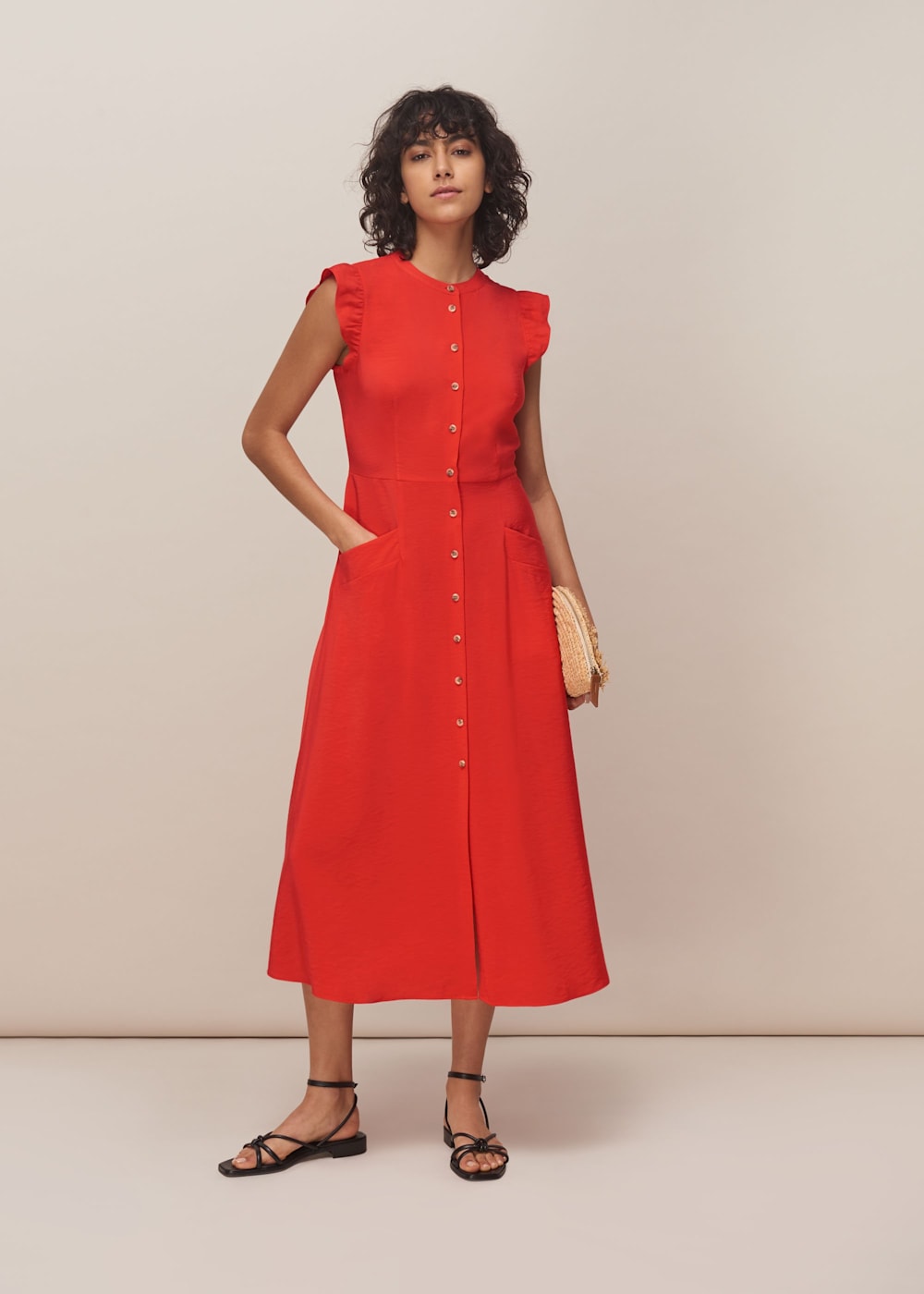 Red Frill Sleeve Button Dress WHISTLES Whistles UK