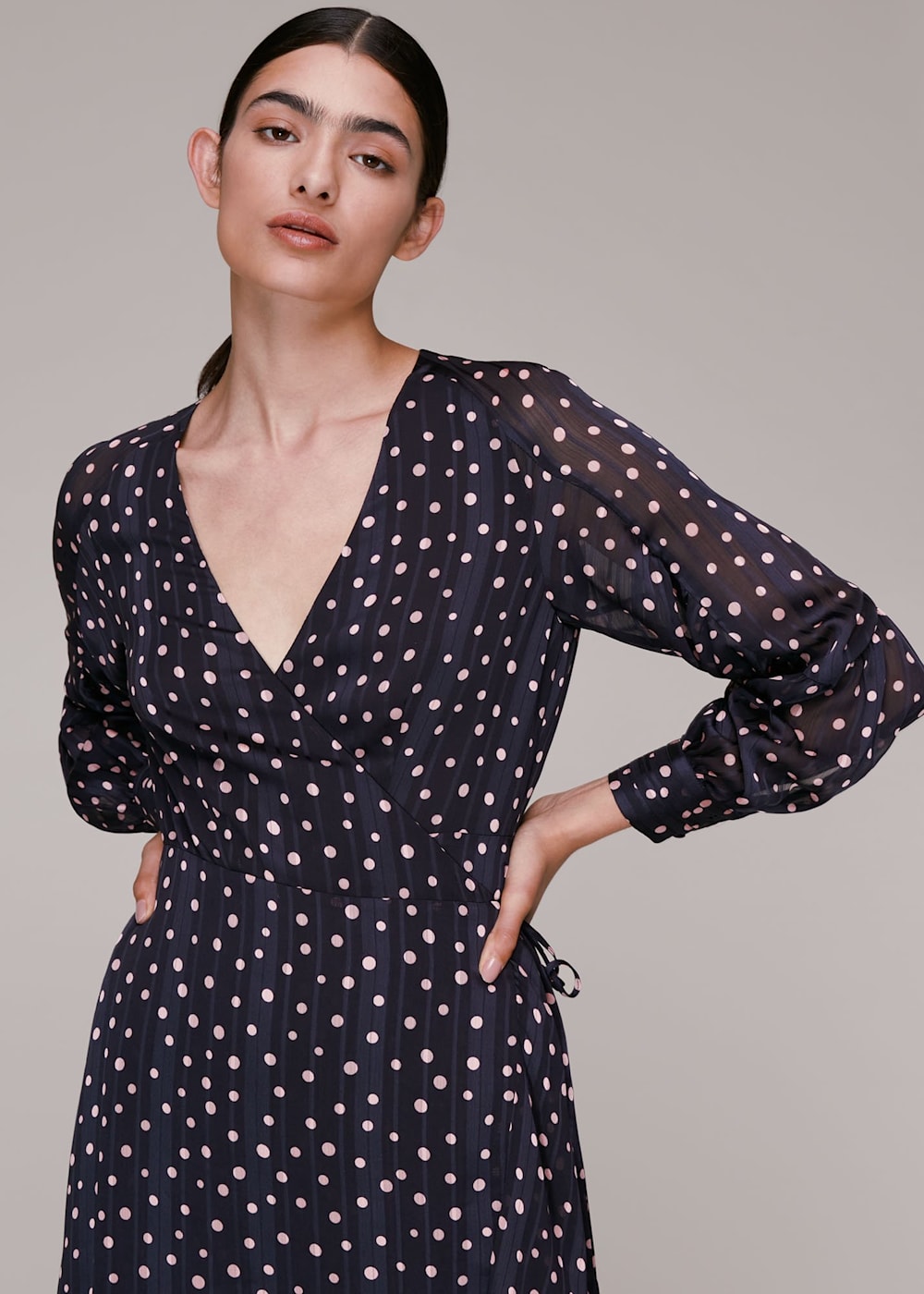 Whistles Satin Stripe Spot Wrap Dress Blue Multi Size 2