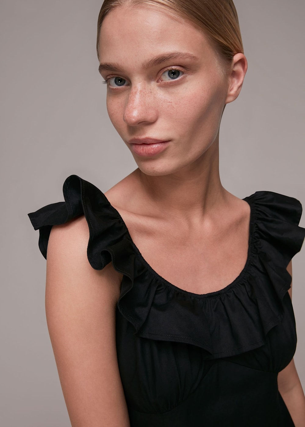 Black Jemma Frill Poplin Midi Dress WHISTLES Whistles UK
