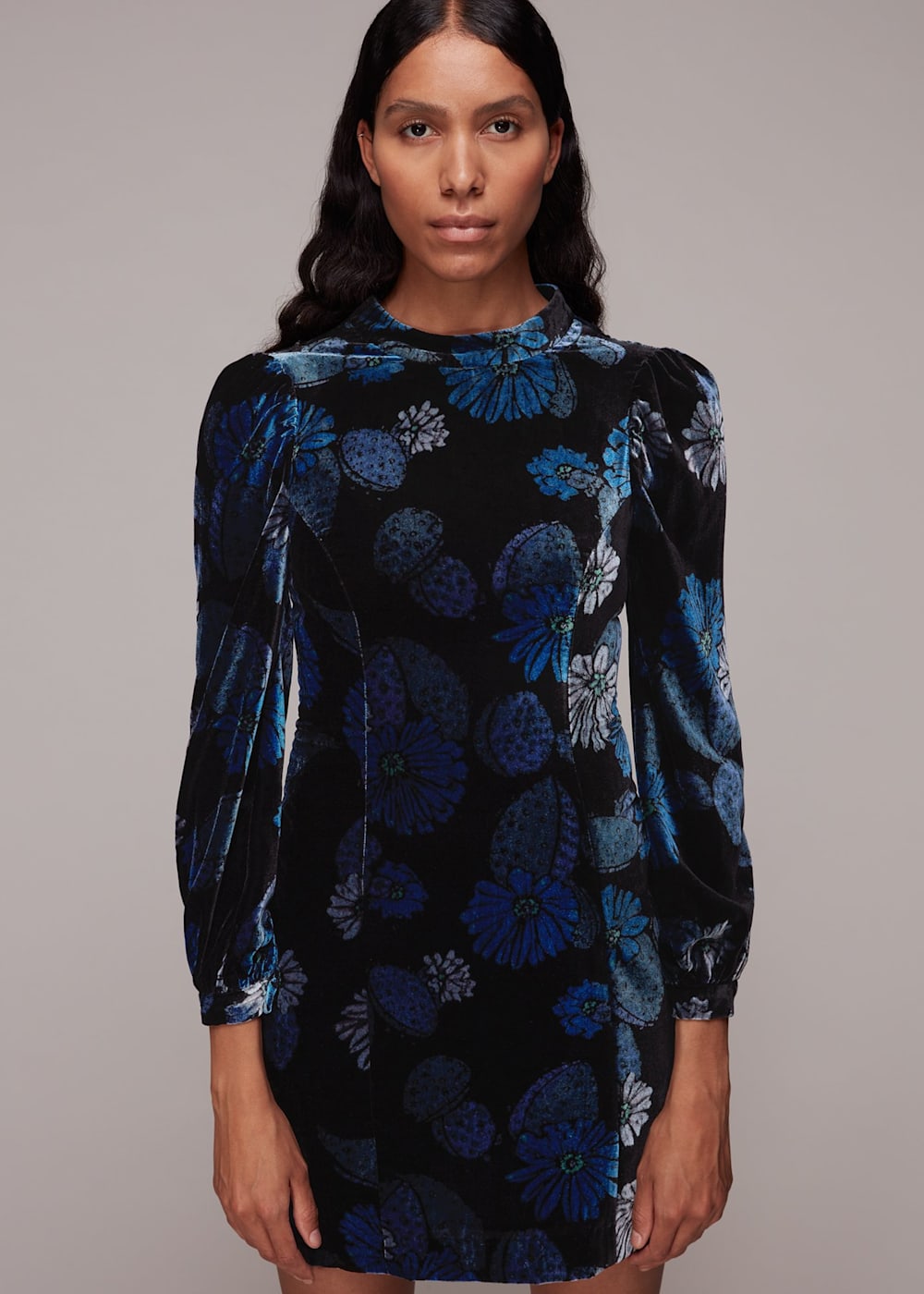 Blue Multi Cactus Print Velvet Dress WHISTLES Whistles ROW