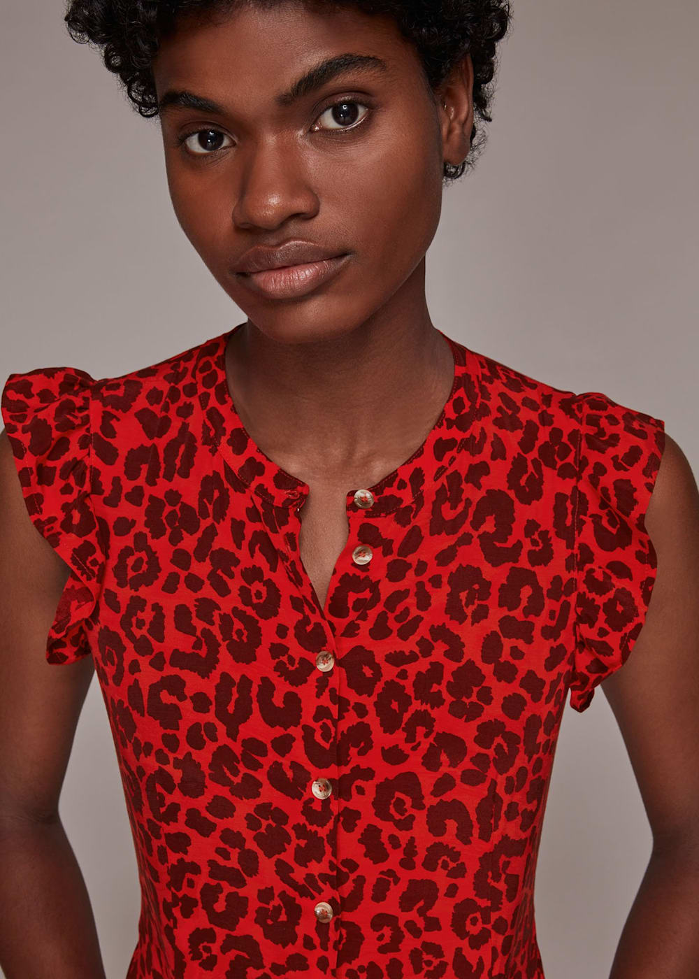 Red Multi Animal Frill Sleeve Midi Dress WHISTLES Whistles US