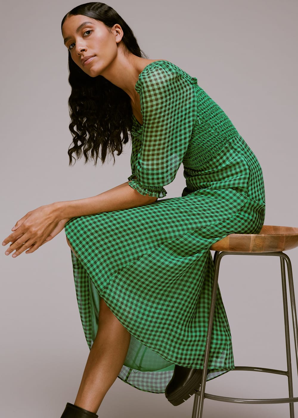 Green Multi Lottie Gingham Shirred Dress WHISTLES Whistles UK