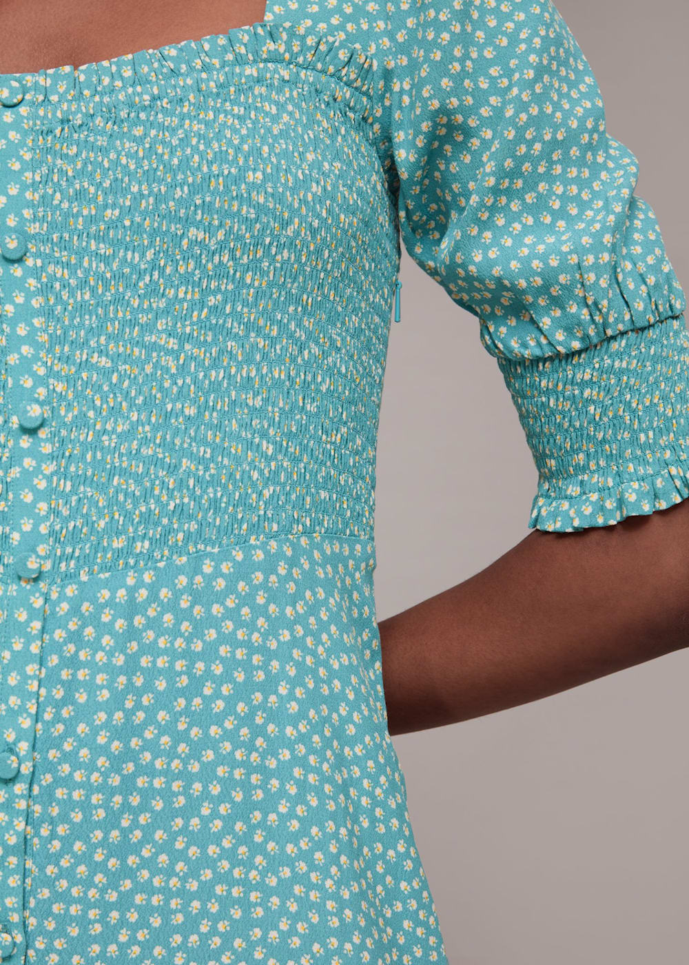 Blue Multi Ditsy Floral Shirred Dress WHISTLES Whistles ROW