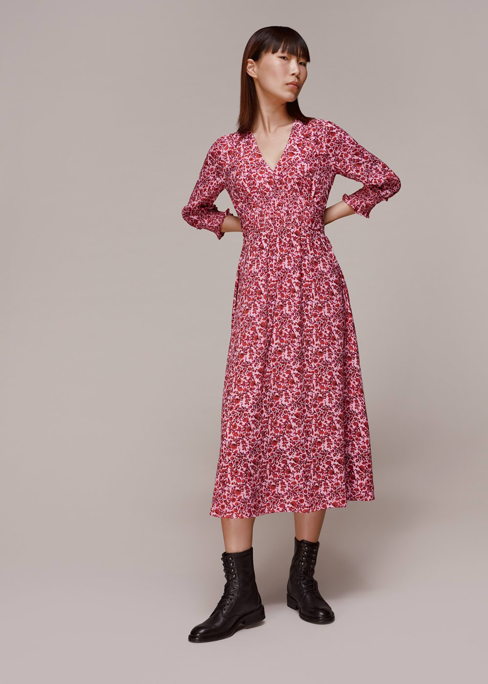 Pink Multi Heath Floral Print Midi Dress WHISTLES Whistles UK