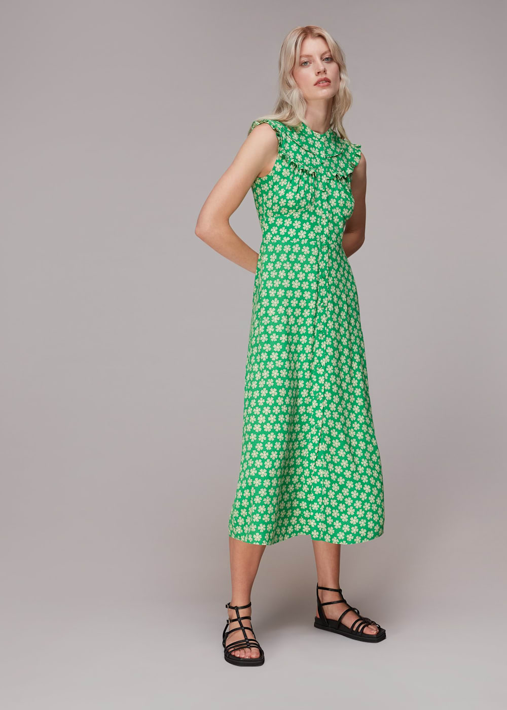 Green Multi Daisy Check Frill Midi Dress WHISTLES Whistles UK