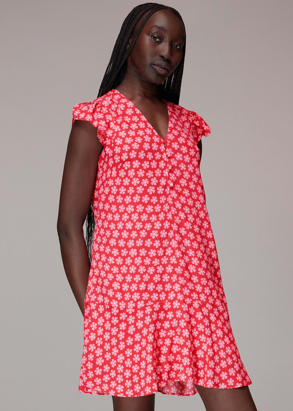 Red Multi Daisy Check Print Flippy Dress WHISTLES Whistles US