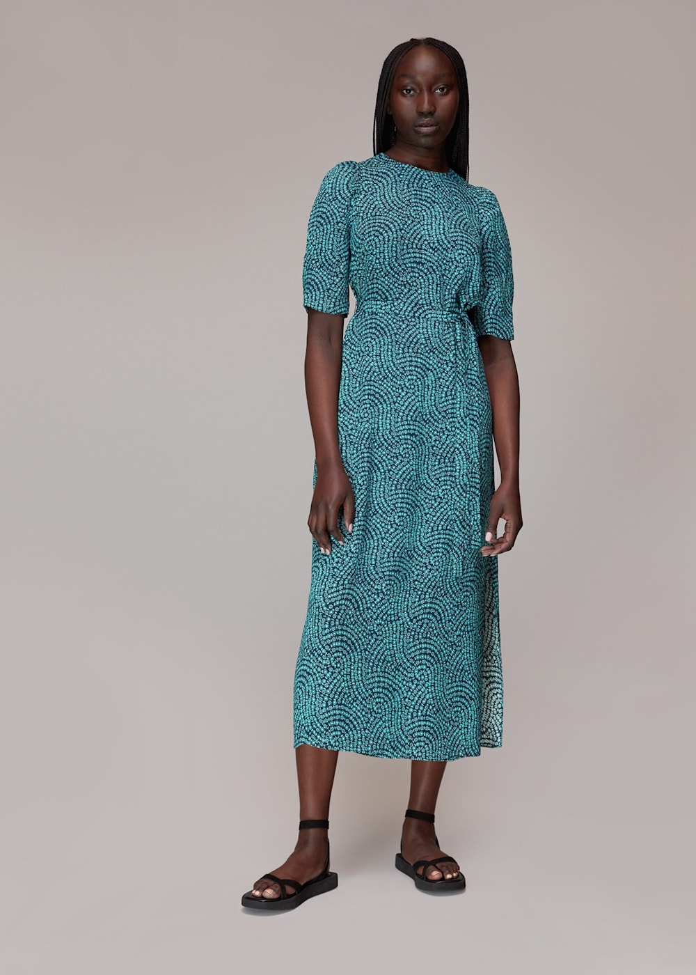 Blue Multi Daisy Waves Cut Out Midi Dress WHISTLES Whistles UK
