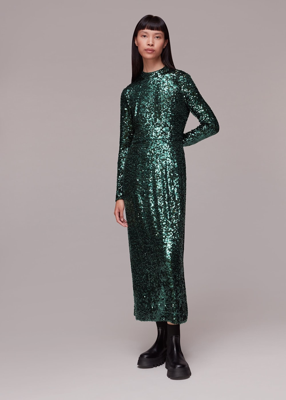 Dark Green Minimal Sequin Midi Dress WHISTLES Whistles ROW