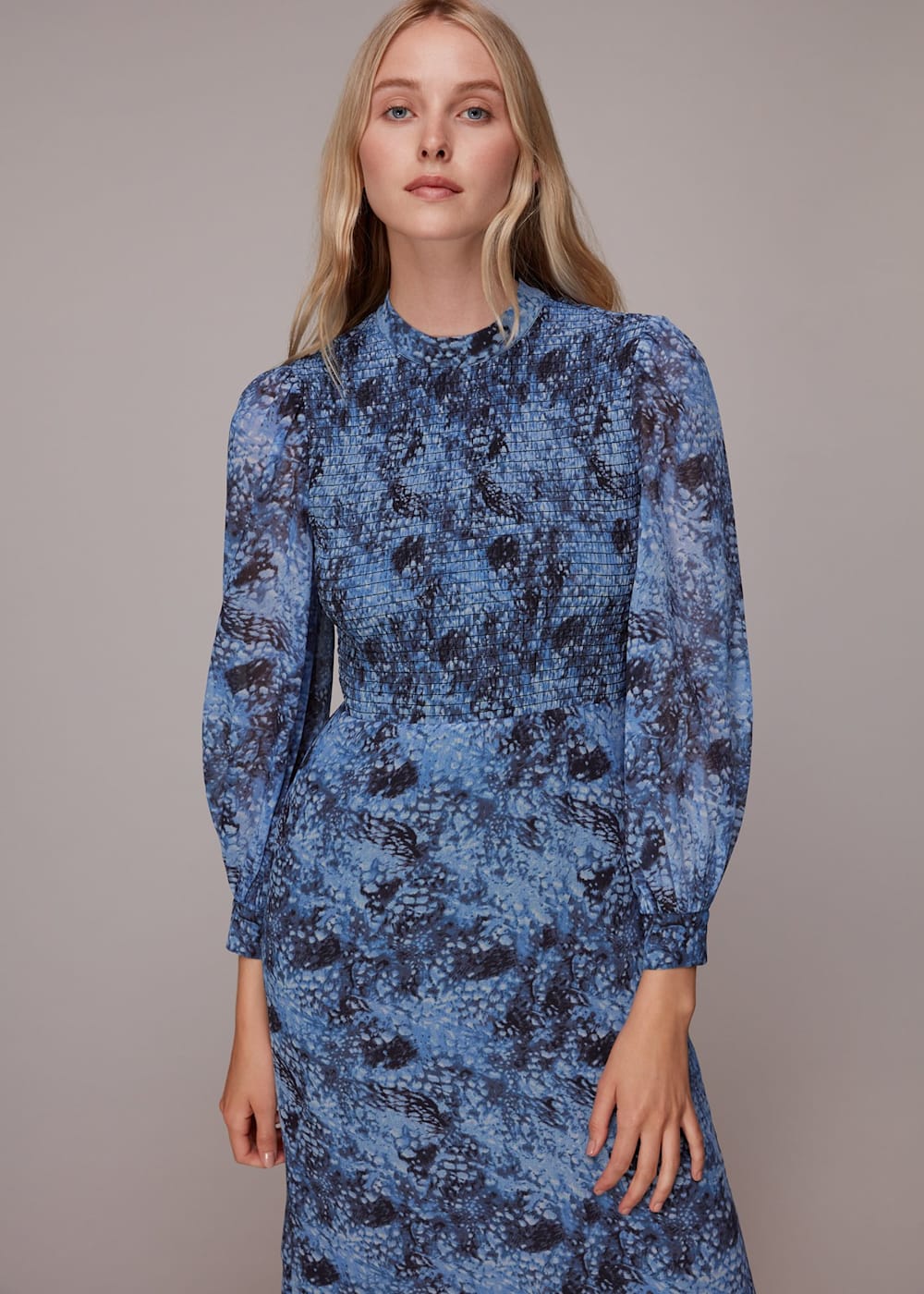 Blue Multi Snow Flurry Shirred Midi Dress WHISTLES Whistles UK