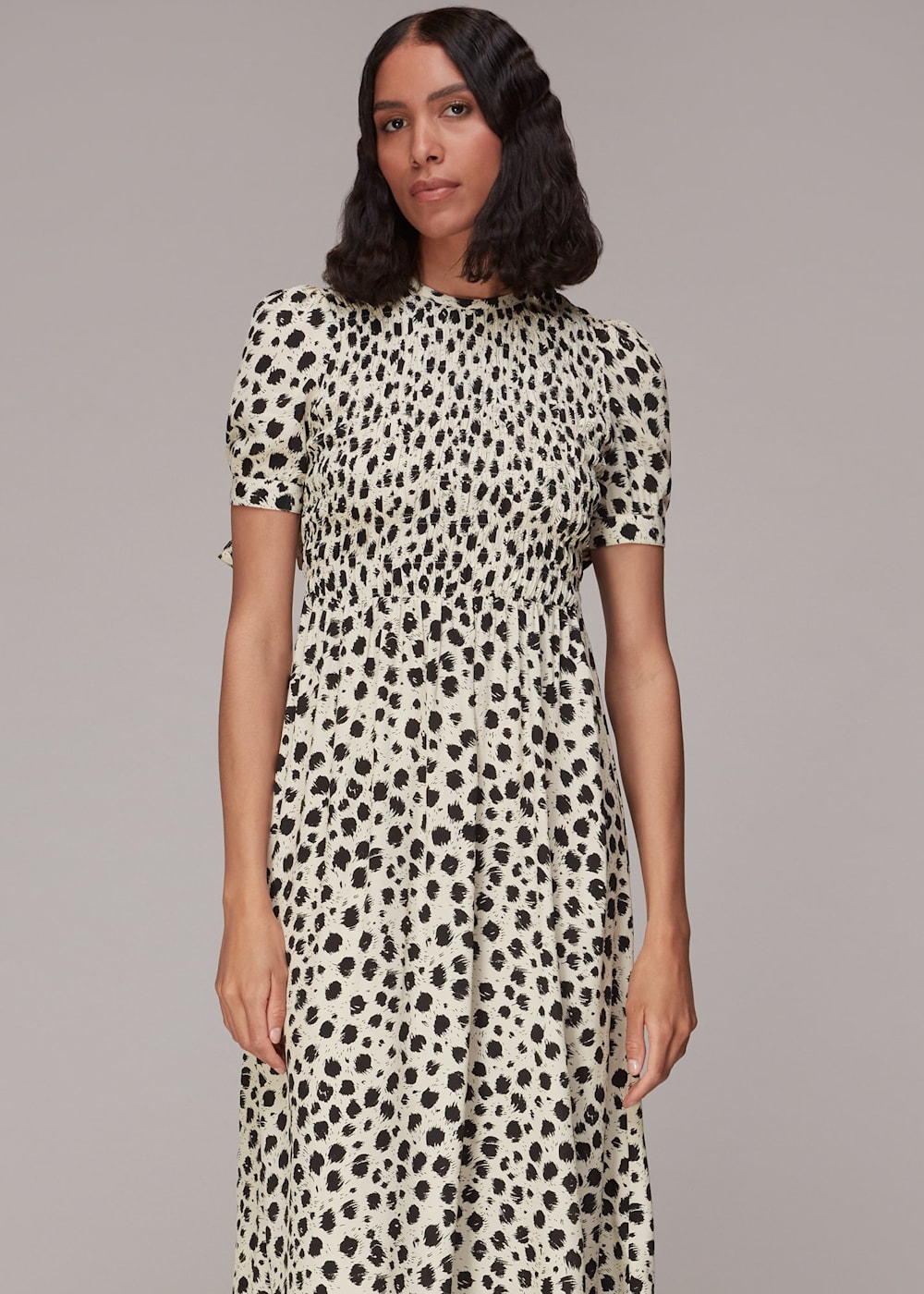Black White Dalmatian Shirred Midi Dress WHISTLES Whistles US