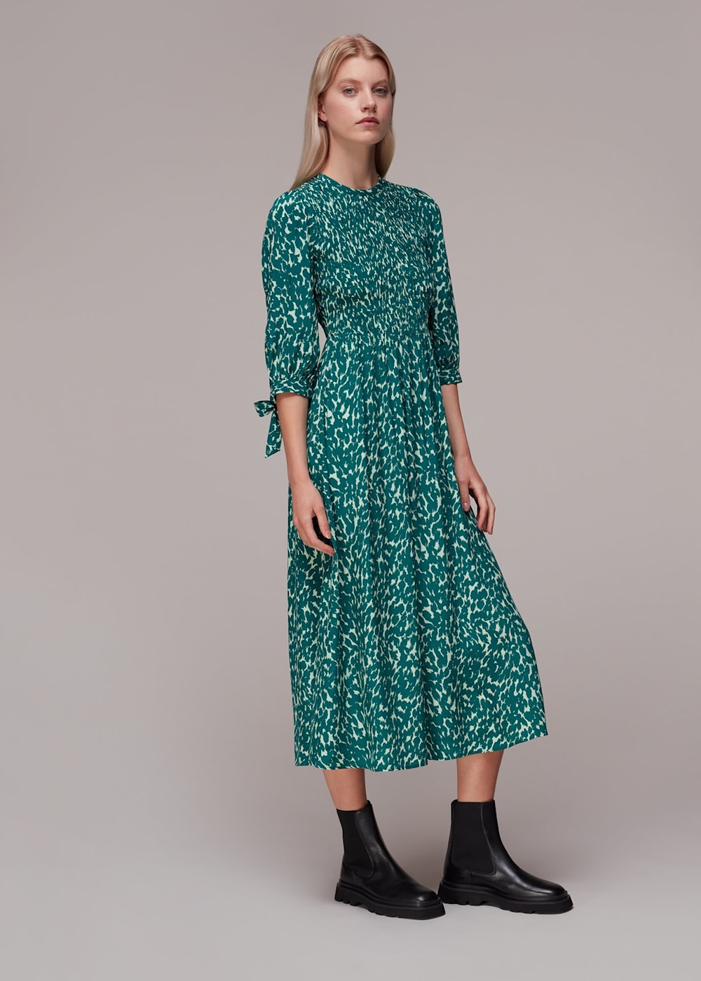 Green Multi Sahara Cat Shirred Midi Dress WHISTLES Whistles UK