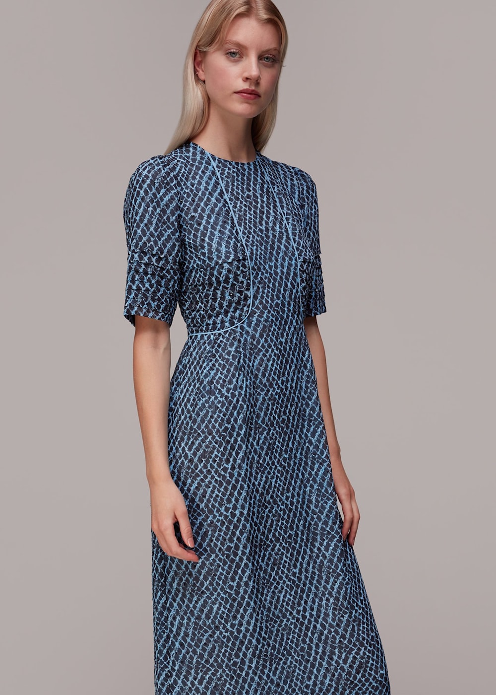 Blue Multi Brushed Geo Print Dobby Dress WHISTLES Whistles UK