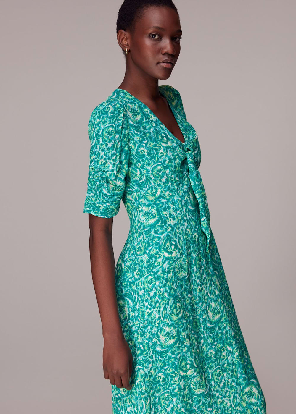 Green Multi Clouded Floral Tie Midi Dress WHISTLES Whistles UK