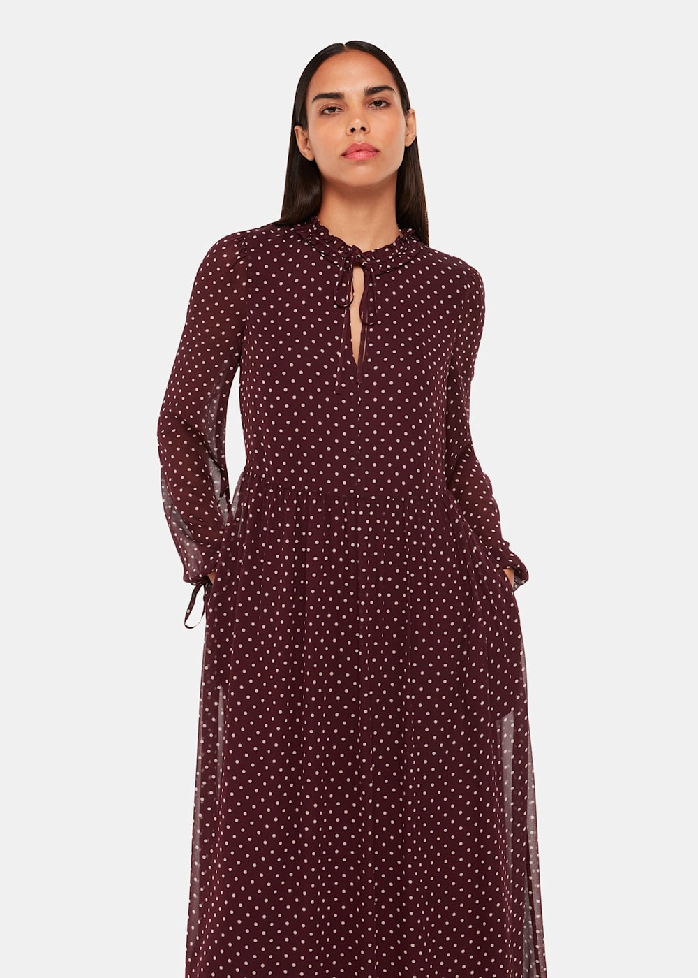 Burgundy/Multi Spot Print Trapeze Midi Dress | WHISTLES Burgundy/Multi Spot Print Trapeze Midi Dress | WHISTLES