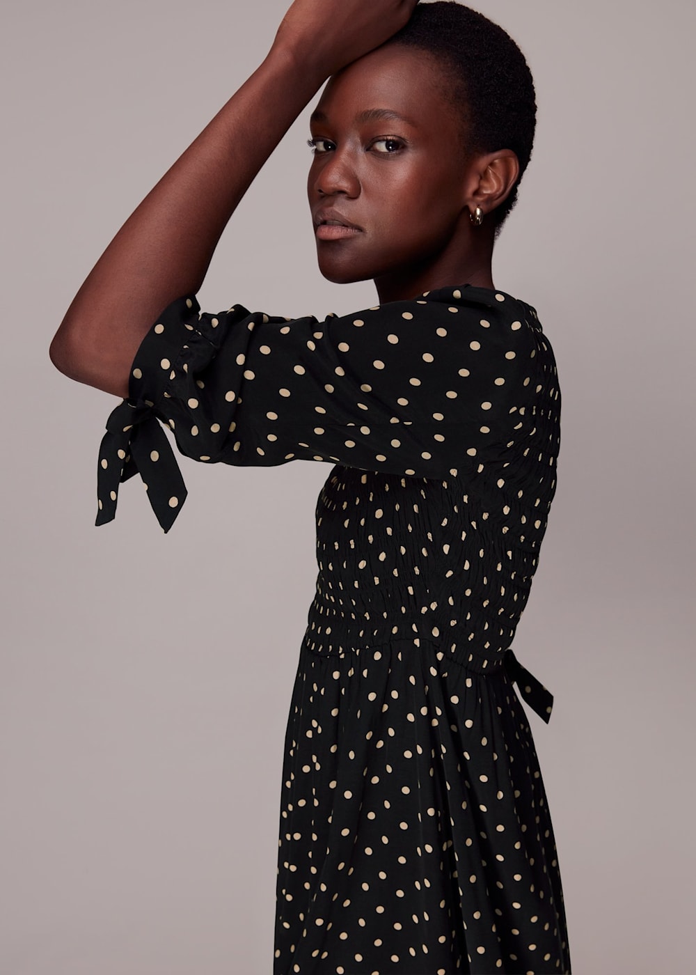 Black Multi Shirred Spot Midi Dress WHISTLES Whistles UK